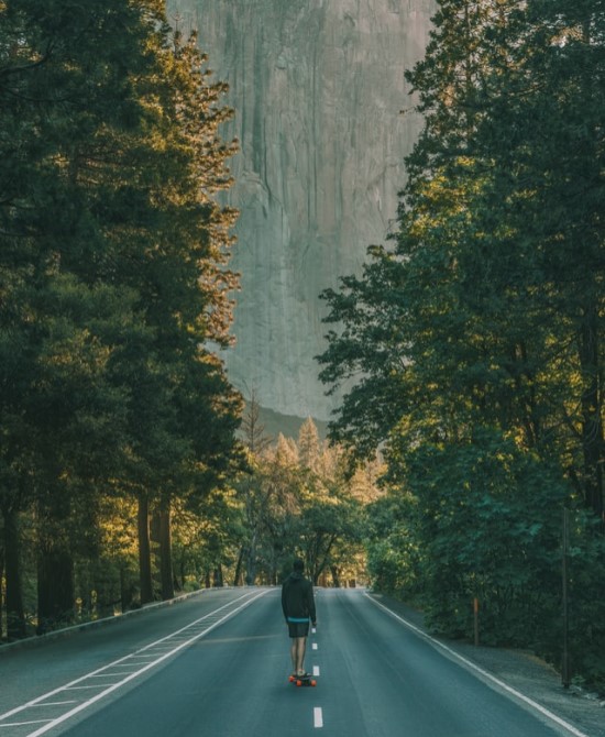 A forest road with a lone skateboarder looking at a mountain - Photo by Jared Rice on Unsplash